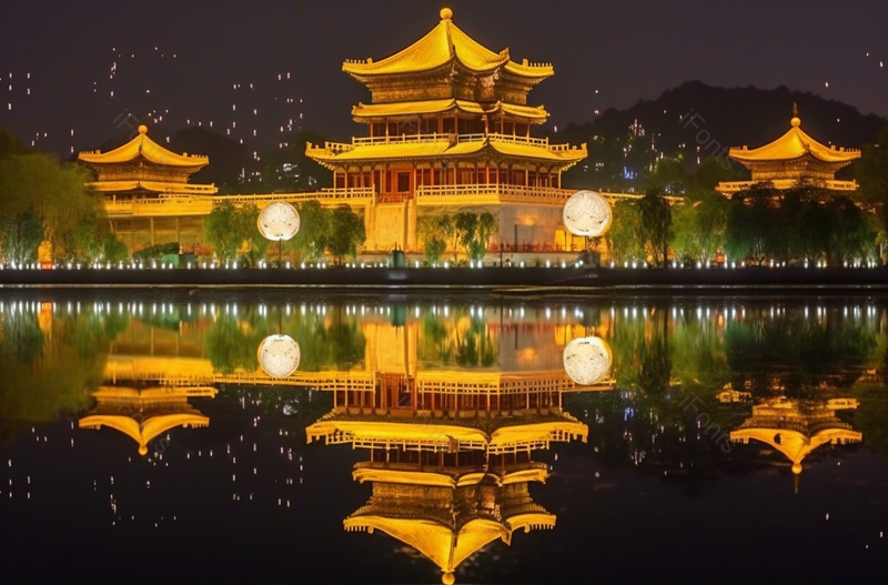 古典建筑的公园夜景倒影,高清,摄影图,摄影图片,图片大全,摄影图免费下载